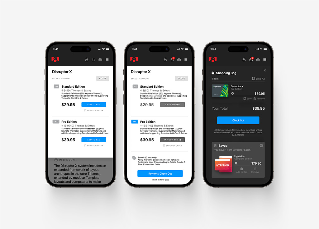 KeynotePro v4: Configure Item view, Added view, Shopping Bag view