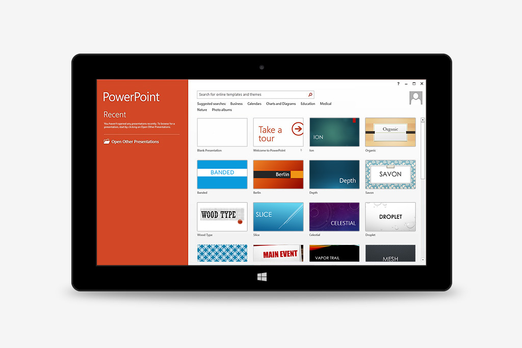 The new Start Screen expereince in PowerPoint 2013