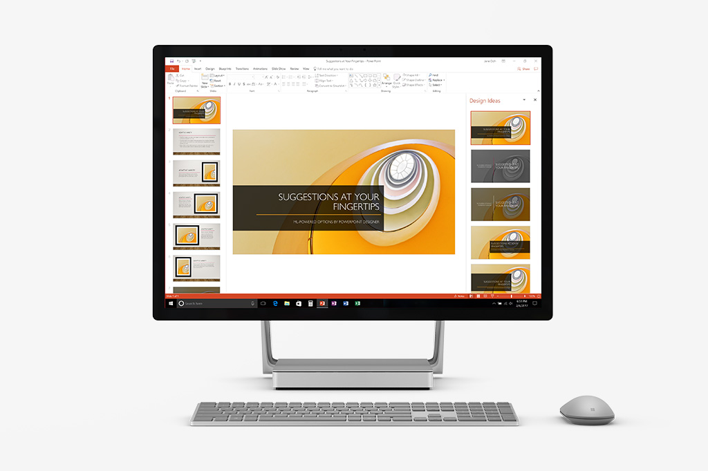 PowerPoint Designer – Design Ideas panel showing alternate title slide treatments.